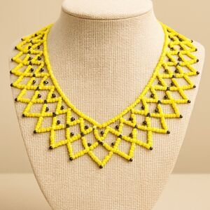 Vintage Yellow Handmade Seed Bead Tribal Bib Collar Choker Necklace